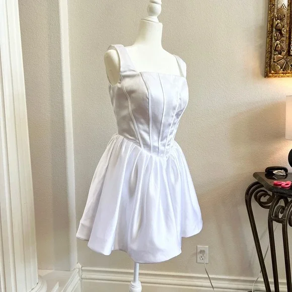 White Satin Corset Fit and Flare Mini Dress Bachelorette Party Bridal Graduation - Picture 2 of 13
